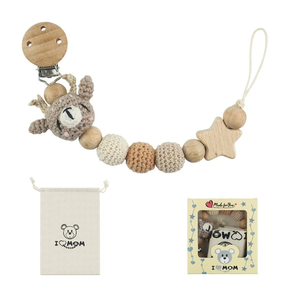 Baby Wooden Pacifier Clip Wood Crochet Cartoon Teething Soother Chain for BPA Free Nursing Chew Toy Baby Dummy Holder Chain