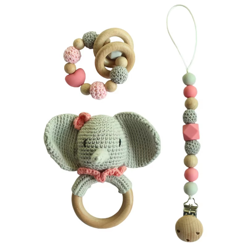 Adorable Handcrafted Crochet Baby Deer and Rabbit Stuffed Dolls with Wooden Teething Ring and Pacifier Chain Clips
