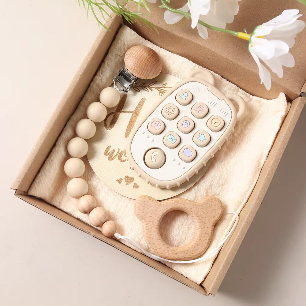 Delightful New Born Baby Gift Set: Silicone Teether, Wooden Bunny Rattle & Milestone Props