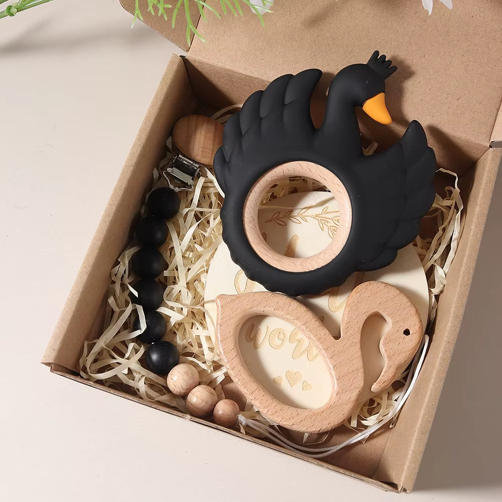 Delightful 4-Piece Swan Teether Baby Bibs Gift Set with Flamingo Teething Pacifier Chain - Perfect for Newborn Photography!