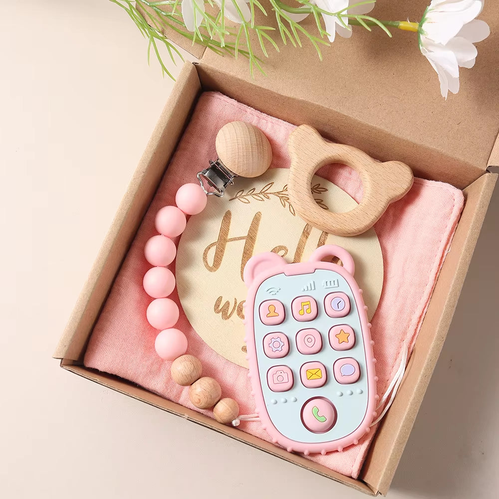 Delightful New Born Baby Gift Set: Silicone Teether, Wooden Bunny Rattle & Milestone Props