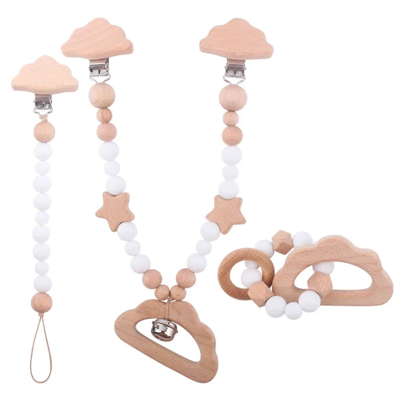 1-3Pcs New Stroller Clip Baby Gym Hanging Toys Cartoon Pattern Kids Pacifier Chain Silicone Beads Teething Set Babies Supplies