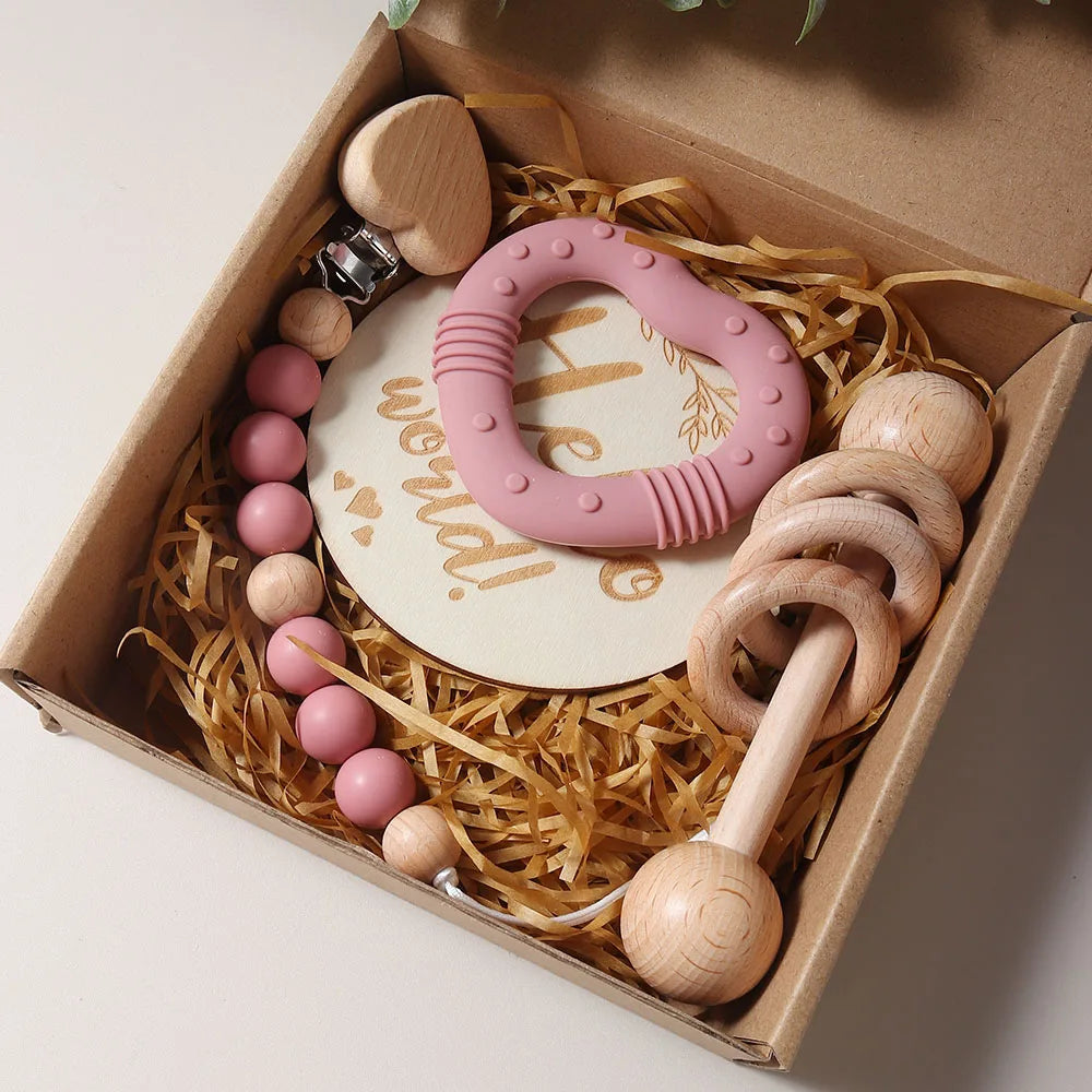 Delightful Baby Rattle Teether Pacifier Heart Set - Perfect Gift for Newborns!