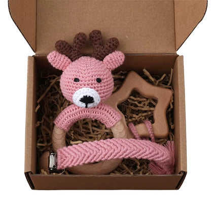 Adorable Handcrafted Crochet Baby Deer and Rabbit Stuffed Dolls with Wooden Teething Ring and Pacifier Chain Clips