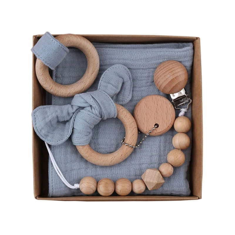 Delightful 1 Set Pacifier Clips Chain with Bunny Ears - Cotton Baby Bibs, Teether, and Wooden Gym Ring for Your Little One
