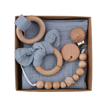 Delightful 1 Set Pacifier Clips Chain with Bunny Ears - Cotton Baby Bibs, Teether, and Wooden Gym Ring for Your Little One
