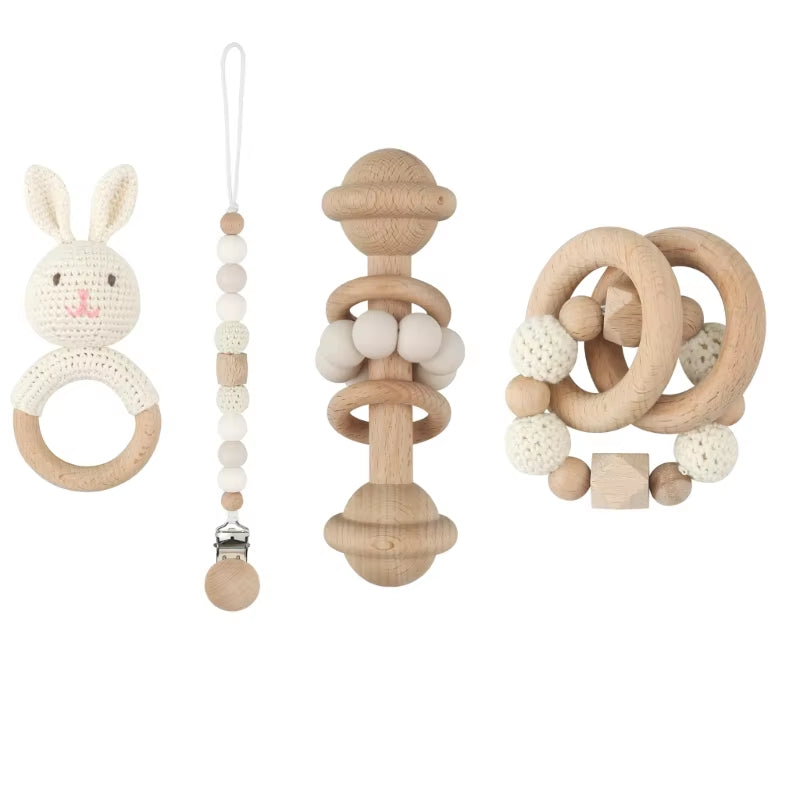 Adorable Handcrafted Crochet Baby Deer and Rabbit Stuffed Dolls with Wooden Teething Ring and Pacifier Chain Clips