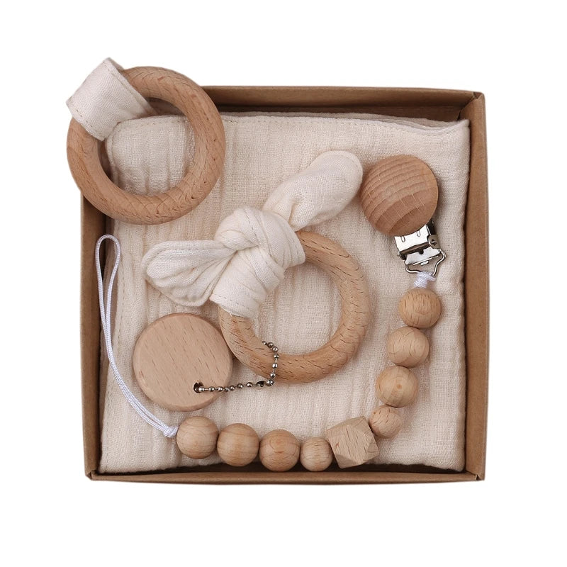 Delightful 1 Set Pacifier Clips Chain with Bunny Ears - Cotton Baby Bibs, Teether, and Wooden Gym Ring for Your Little One