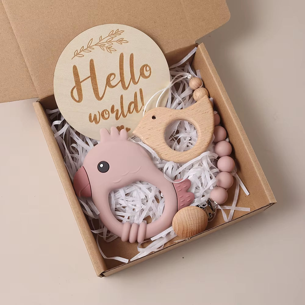 Delightful 4-Piece Baby Milestone Gift Box Set with Adorable Wooden Bird Teether and Silicone Charms