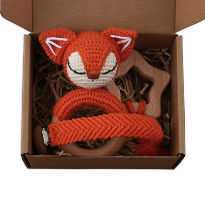 Adorable Handcrafted Crochet Baby Deer and Rabbit Stuffed Dolls with Wooden Teething Ring and Pacifier Chain Clips