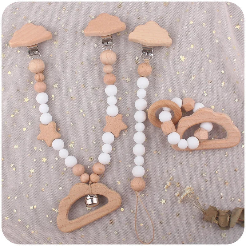 1-3Pcs New Stroller Clip Baby Gym Hanging Toys Cartoon Pattern Kids Pacifier Chain Silicone Beads Teething Set Babies Supplies