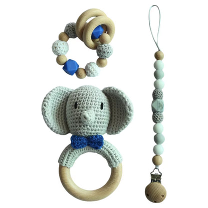 Adorable Handcrafted Crochet Baby Deer and Rabbit Stuffed Dolls with Wooden Teething Ring and Pacifier Chain Clips