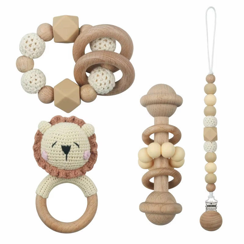 Adorable Handcrafted Crochet Baby Deer and Rabbit Stuffed Dolls with Wooden Teething Ring and Pacifier Chain Clips