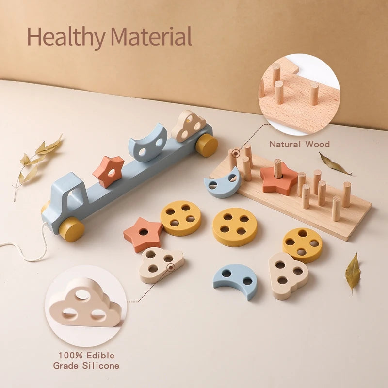 Wooden Baby Toy Wooden Trailer Babies Learn Cognitive Toy Hand and Foot Coordination Toy Color Recognition Toy Silicone Toy