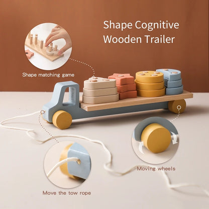 Wooden Baby Toy Wooden Trailer Babies Learn Cognitive Toy Hand and Foot Coordination Toy Color Recognition Toy Silicone Toy