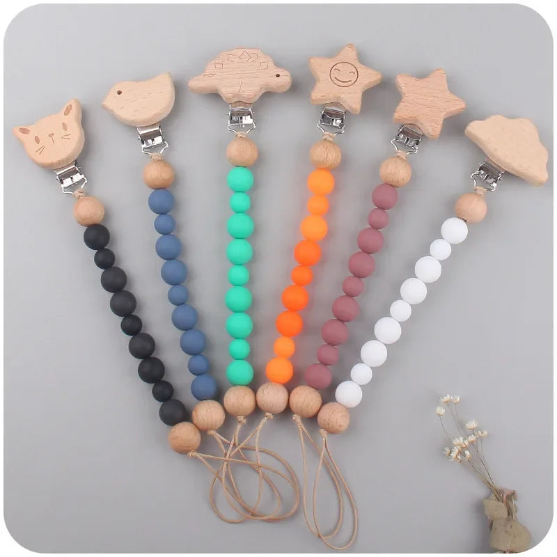 1-3Pcs New Stroller Clip Baby Gym Hanging Toys Cartoon Pattern Kids Pacifier Chain Silicone Beads Teething Set Babies Supplies