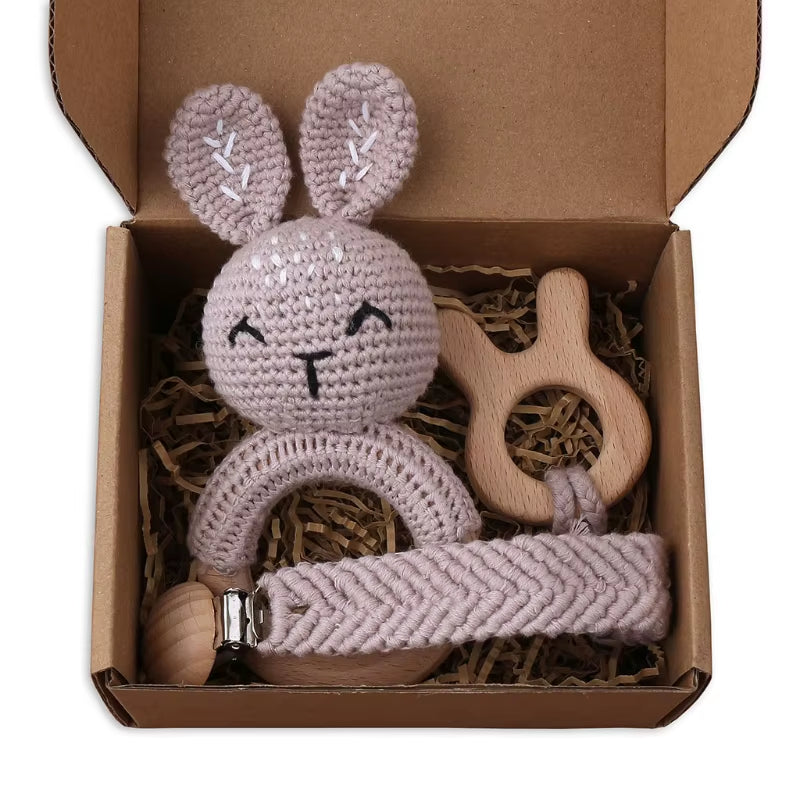Adorable Handcrafted Crochet Baby Deer and Rabbit Stuffed Dolls with Wooden Teething Ring and Pacifier Chain Clips