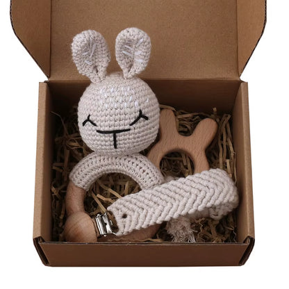 Adorable Handcrafted Crochet Baby Deer and Rabbit Stuffed Dolls with Wooden Teething Ring and Pacifier Chain Clips