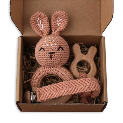Adorable Handcrafted Crochet Baby Deer and Rabbit Stuffed Dolls with Wooden Teething Ring and Pacifier Chain Clips