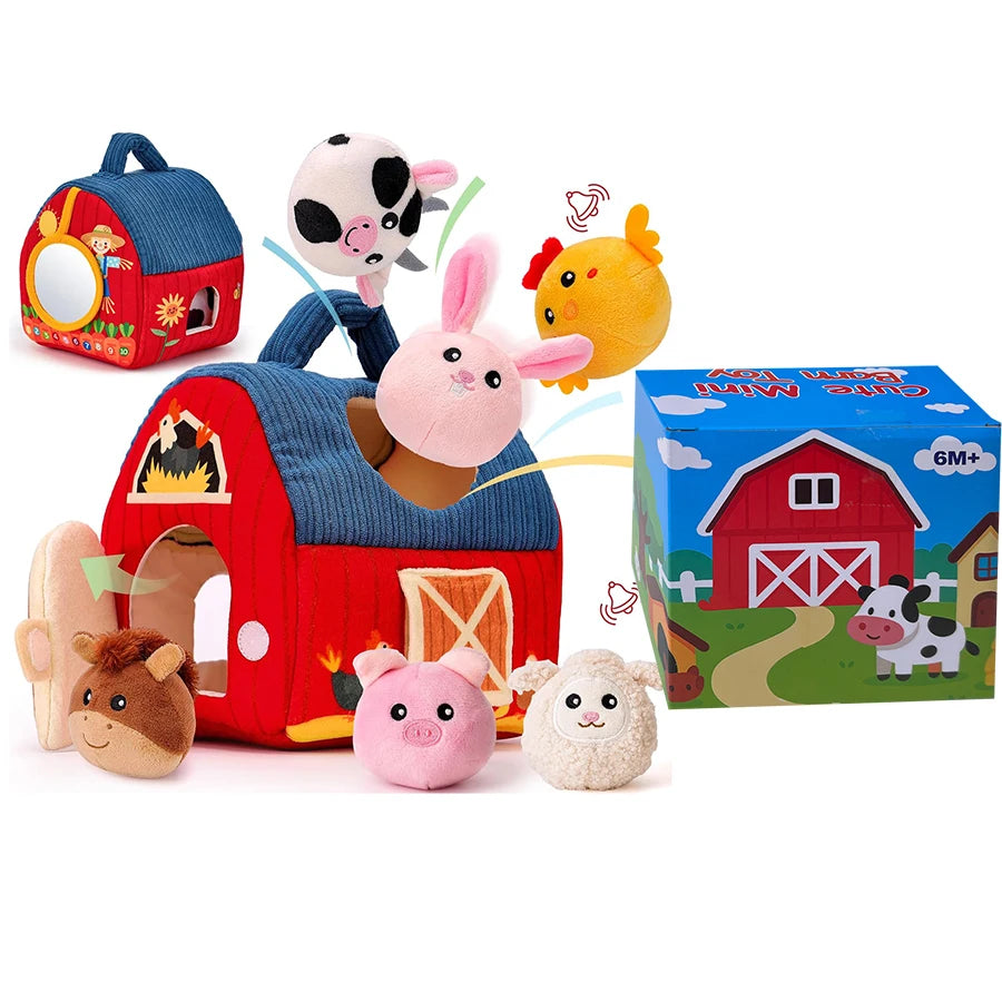 Baby Toys 6-12 Months,Bee House with Stuffed Farm Animals for Toddlers 1-3 Baby Plush Beehive Wtih Rattles Squeaker Mirror