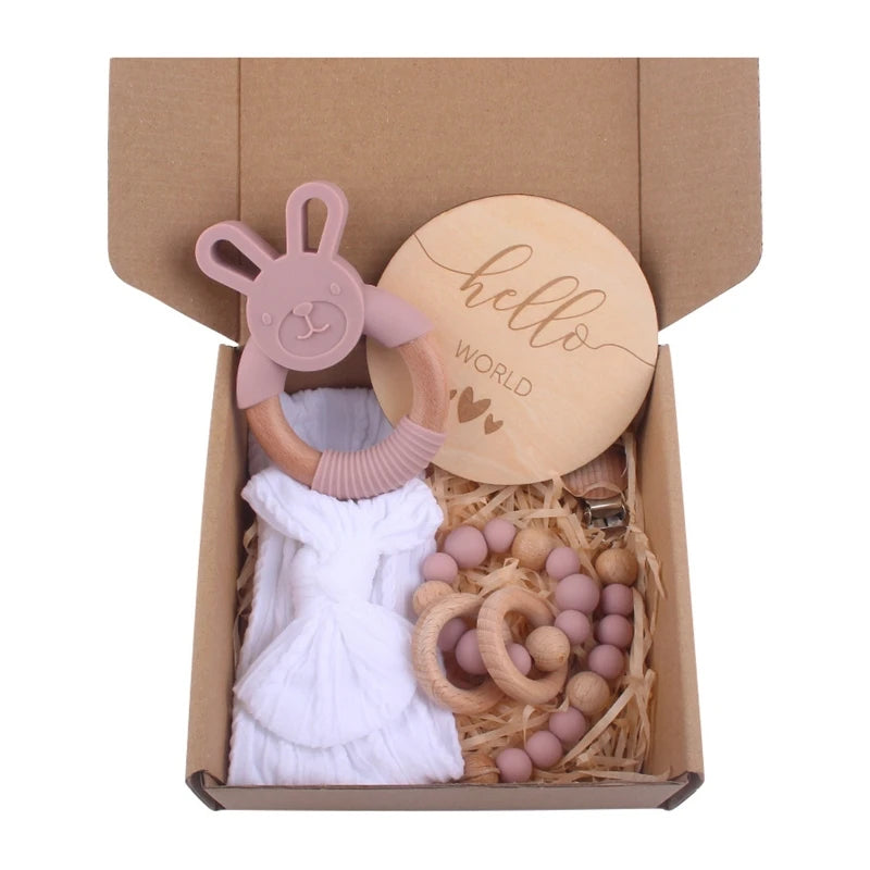 Delightful 1 Set Pacifier Clips Chain with Bunny Ears - Cotton Baby Bibs, Teether, and Wooden Gym Ring for Your Little One