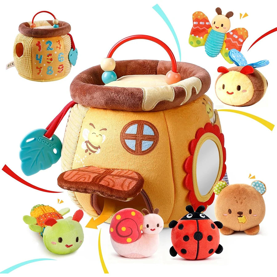 Baby Toys 6-12 Months,Bee House with Stuffed Farm Animals for Toddlers 1-3 Baby Plush Beehive Wtih Rattles Squeaker Mirror