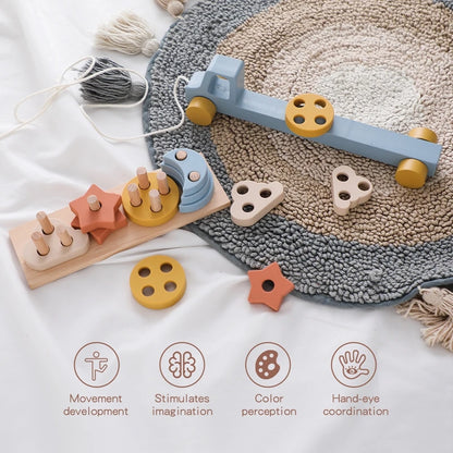 Wooden Baby Toy Wooden Trailer Babies Learn Cognitive Toy Hand and Foot Coordination Toy Color Recognition Toy Silicone Toy