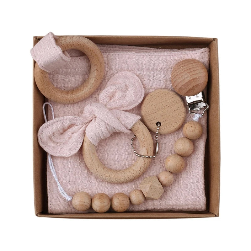 Delightful 1 Set Pacifier Clips Chain with Bunny Ears - Cotton Baby Bibs, Teether, and Wooden Gym Ring for Your Little One