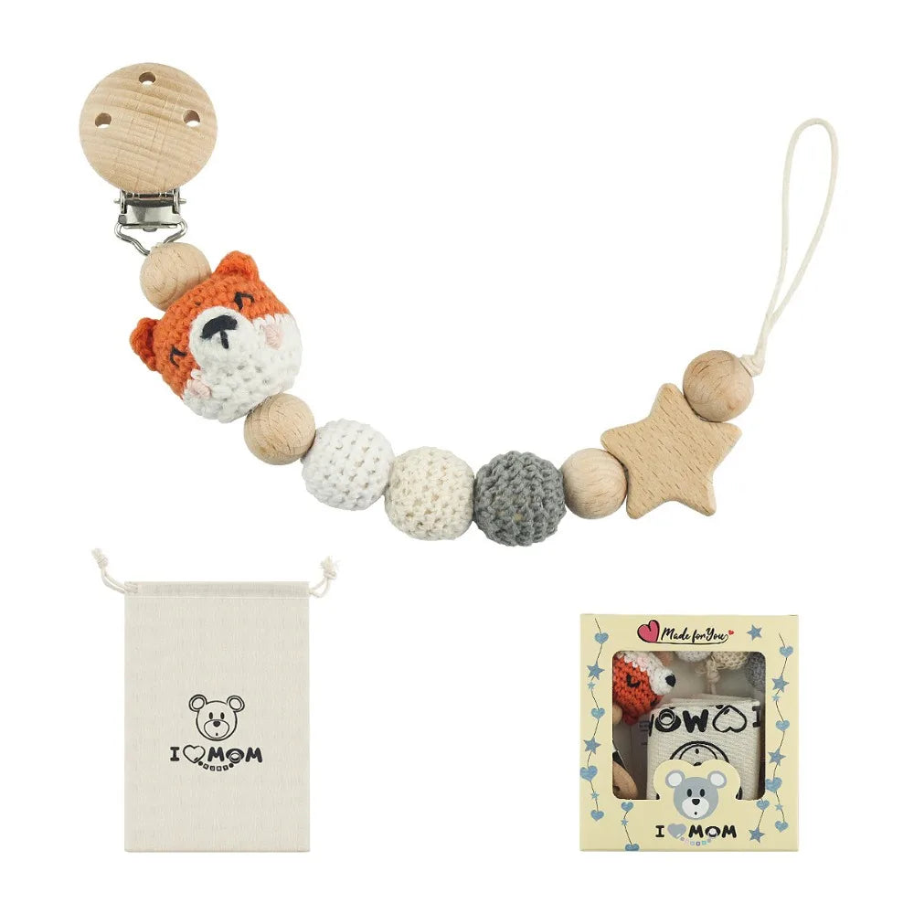 Baby Wooden Pacifier Clip Wood Crochet Cartoon Teething Soother Chain for BPA Free Nursing Chew Toy Baby Dummy Holder Chain