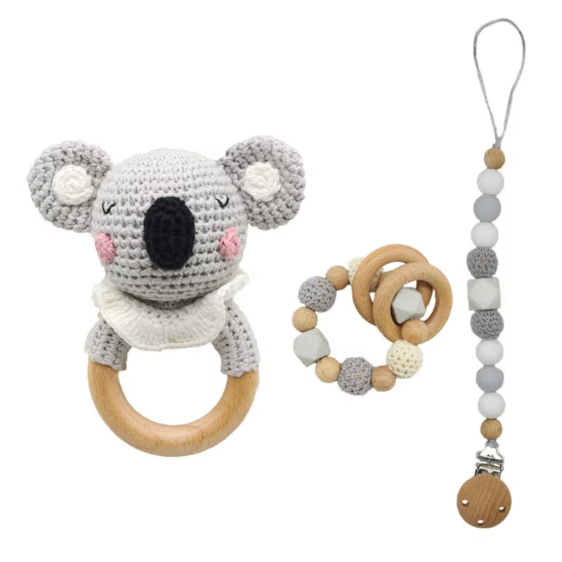 Adorable Handcrafted Crochet Baby Deer and Rabbit Stuffed Dolls with Wooden Teething Ring and Pacifier Chain Clips