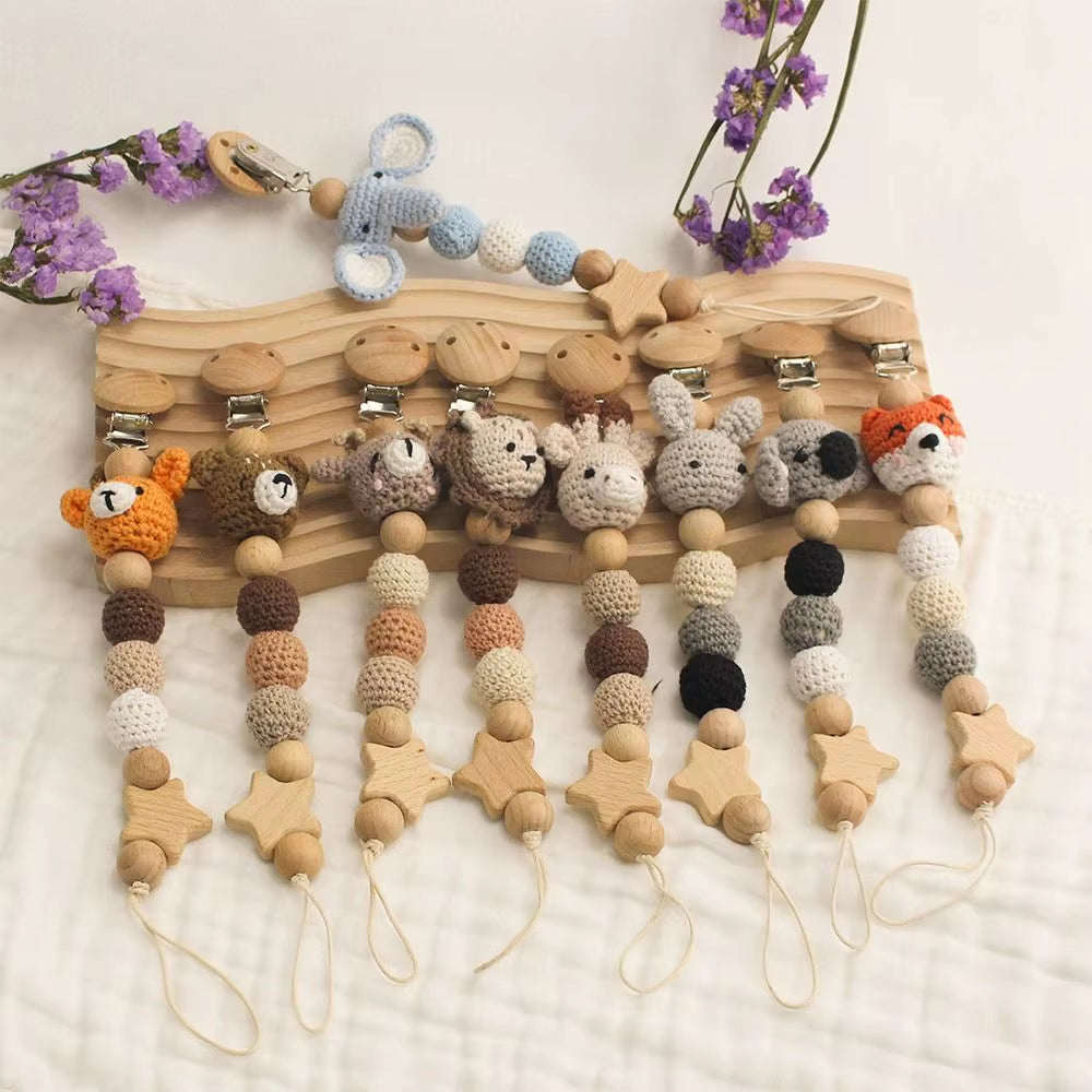 Baby Wooden Pacifier Clip Wood Crochet Cartoon Teething Soother Chain for BPA Free Nursing Chew Toy Baby Dummy Holder Chain