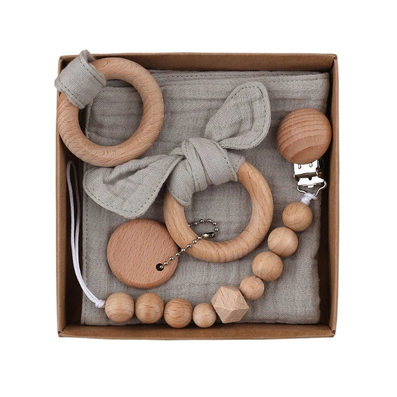 Delightful 1 Set Pacifier Clips Chain with Bunny Ears - Cotton Baby Bibs, Teether, and Wooden Gym Ring for Your Little One