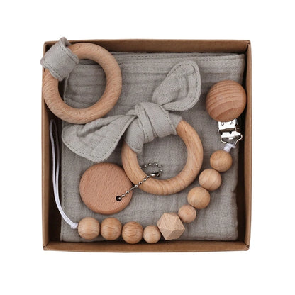 Delightful 1 Set Pacifier Clips Chain with Bunny Ears - Cotton Baby Bibs, Teether, and Wooden Gym Ring for Your Little One