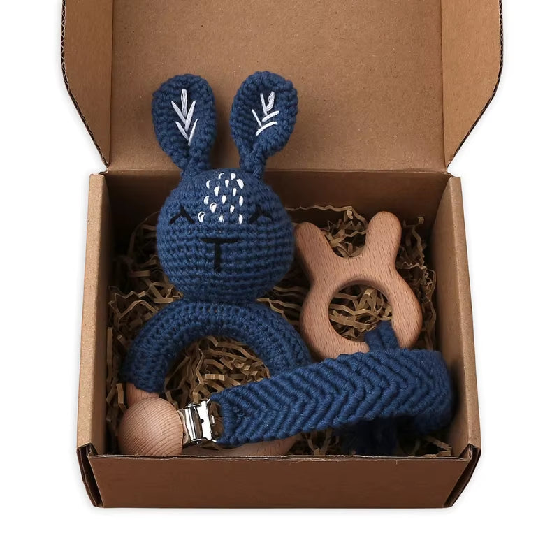 Adorable Handcrafted Crochet Baby Deer and Rabbit Stuffed Dolls with Wooden Teething Ring and Pacifier Chain Clips