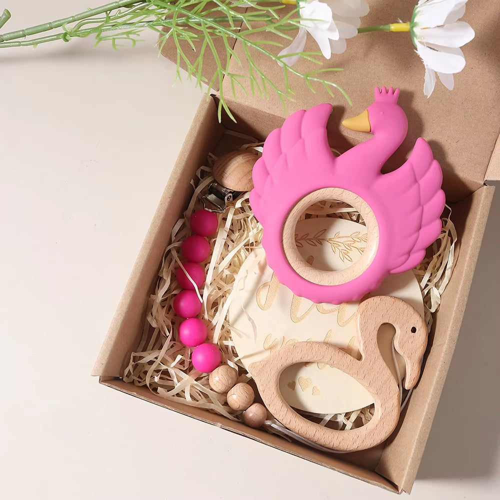 Delightful 4-Piece Swan Teether Baby Bibs Gift Set with Flamingo Teething Pacifier Chain - Perfect for Newborn Photography!