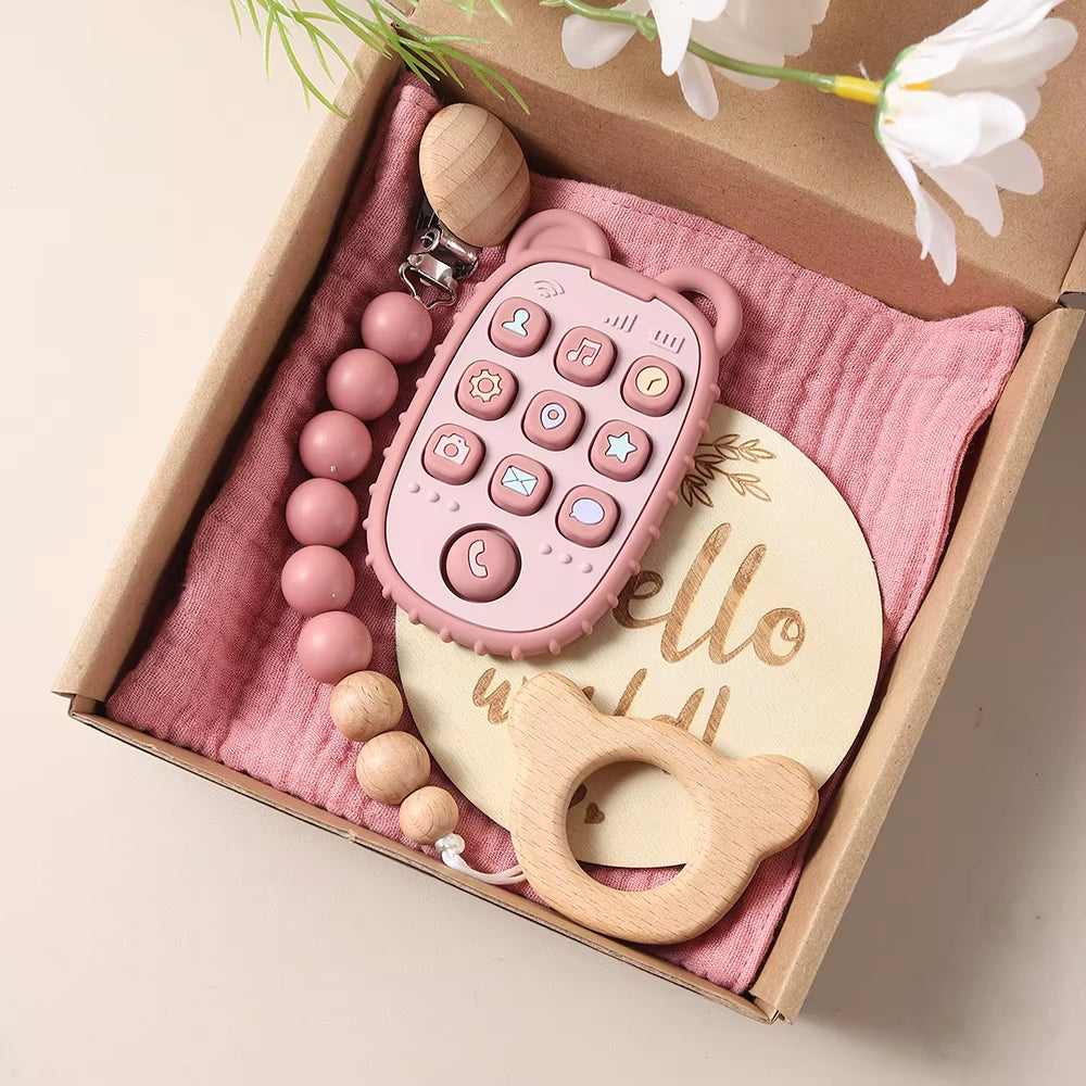 Delightful New Born Baby Gift Set: Silicone Teether, Wooden Bunny Rattle & Milestone Props