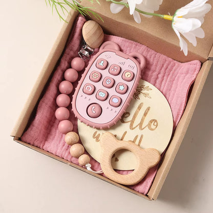 Delightful New Born Baby Gift Set: Silicone Teether, Wooden Bunny Rattle & Milestone Props