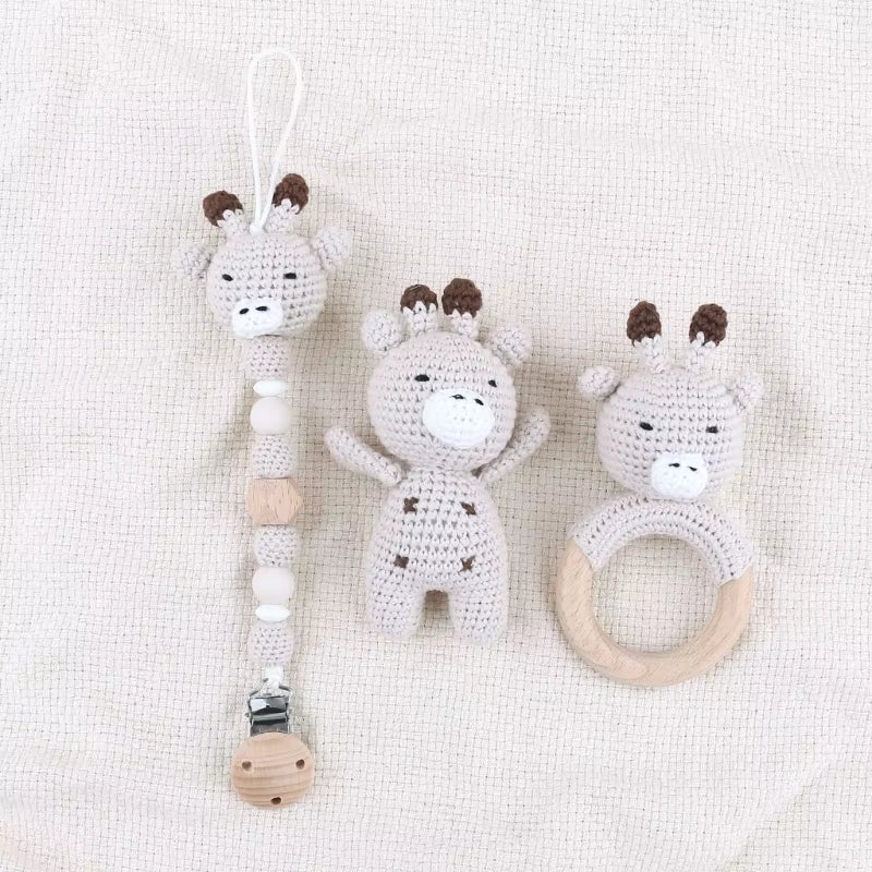 Adorable Handcrafted Crochet Baby Deer and Rabbit Stuffed Dolls with Wooden Teething Ring and Pacifier Chain Clips