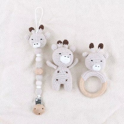 Adorable Handcrafted Crochet Baby Deer and Rabbit Stuffed Dolls with Wooden Teething Ring and Pacifier Chain Clips