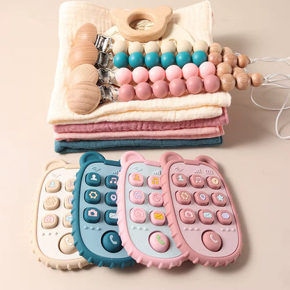 Delightful New Born Baby Gift Set: Silicone Teether, Wooden Bunny Rattle & Milestone Props