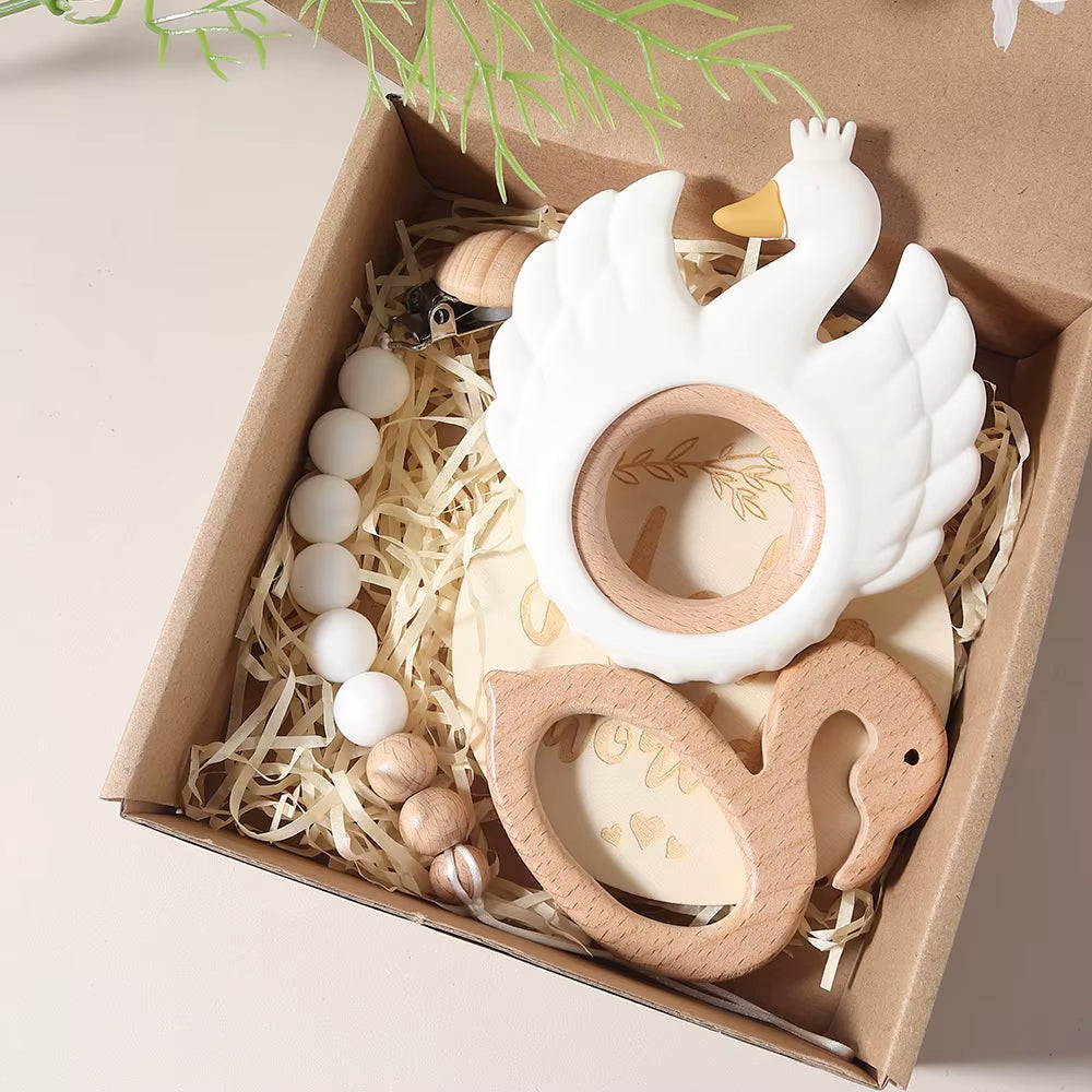 Delightful 4-Piece Swan Teether Baby Bibs Gift Set with Flamingo Teething Pacifier Chain - Perfect for Newborn Photography!