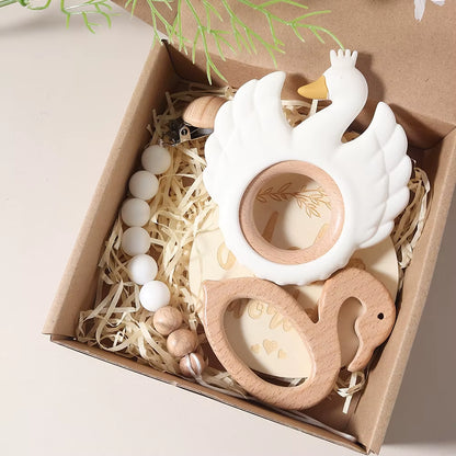 Delightful 4-Piece Swan Teether Baby Bibs Gift Set with Flamingo Teething Pacifier Chain - Perfect for Newborn Photography!