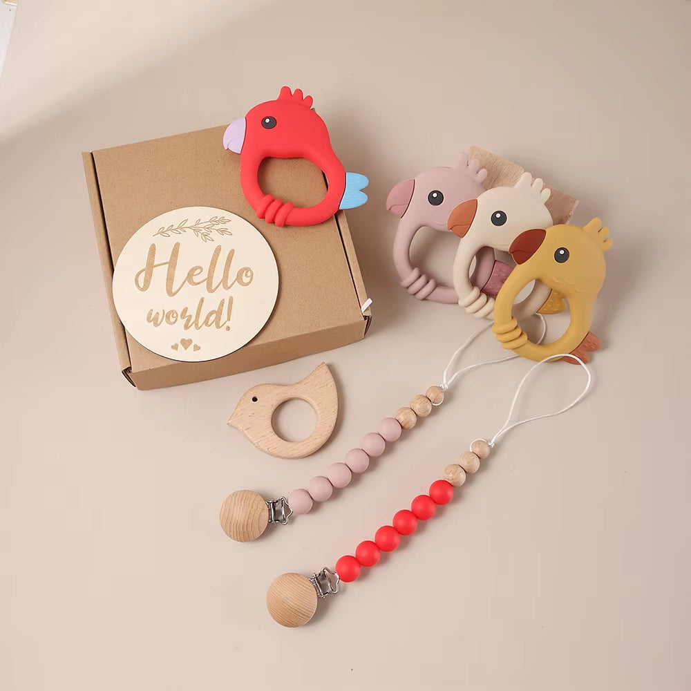 Delightful 4-Piece Baby Milestone Gift Box Set with Adorable Wooden Bird Teether and Silicone Charms