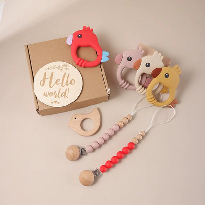 Delightful 4-Piece Baby Milestone Gift Box Set with Adorable Wooden Bird Teether and Silicone Charms