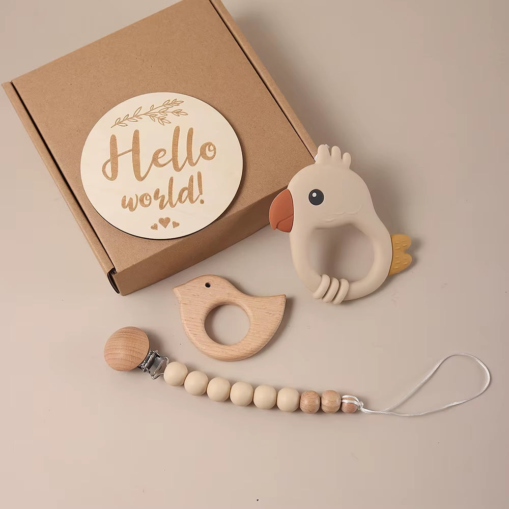 Delightful 4-Piece Baby Milestone Gift Box Set with Adorable Wooden Bird Teether and Silicone Charms