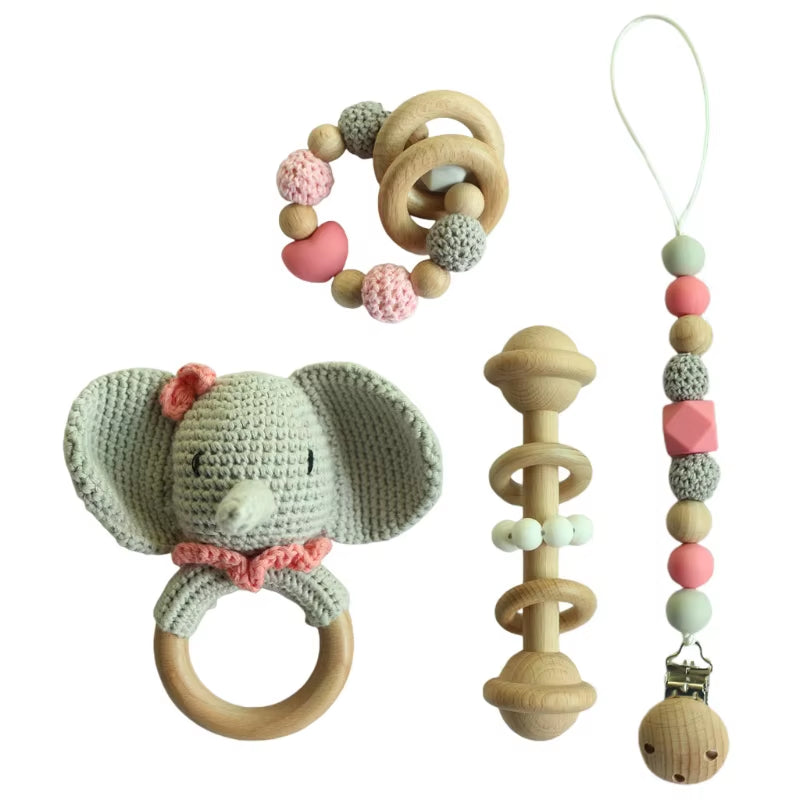 Adorable Handcrafted Crochet Baby Deer and Rabbit Stuffed Dolls with Wooden Teething Ring and Pacifier Chain Clips