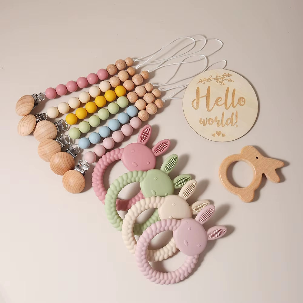 Delightful Baby Silicone Rabbit Teether and Pacifier Chain Gift Set - Perfect Newborn Essentials for 1-3 Years
