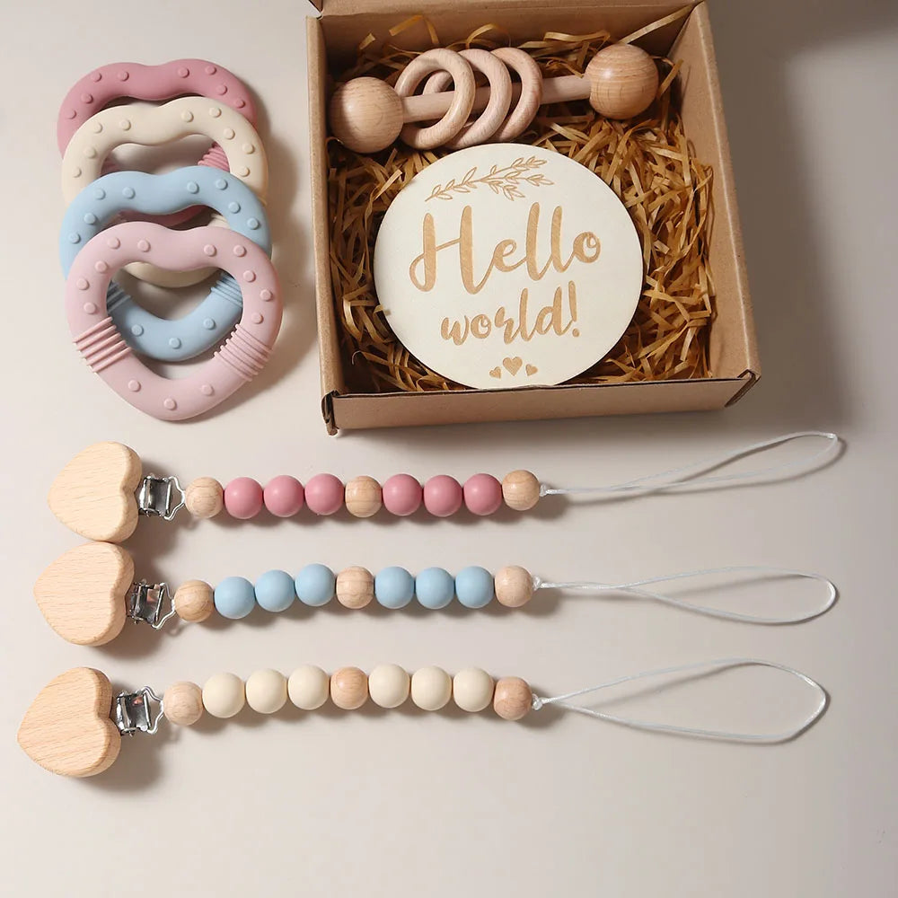 Delightful Baby Rattle Teether Pacifier Heart Set - Perfect Gift for Newborns!