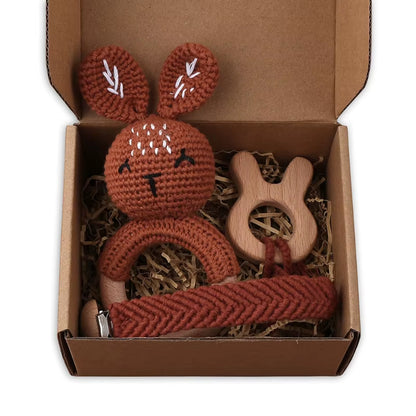 Adorable Handcrafted Crochet Baby Deer and Rabbit Stuffed Dolls with Wooden Teething Ring and Pacifier Chain Clips