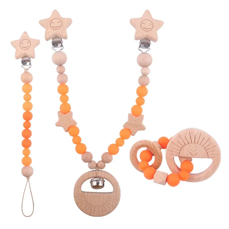 1-3Pcs New Stroller Clip Baby Gym Hanging Toys Cartoon Pattern Kids Pacifier Chain Silicone Beads Teething Set Babies Supplies